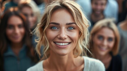 Fototapeta premium Pretty woman entrepreneur smiling, confident, happy, standing above from the crowd. Generative AI.