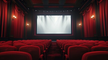 Fototapeta premium Elegant Vintage Movie Theater with Red Seats and Large Screen, Empty Theater Interior Design