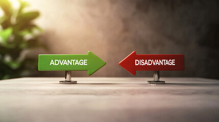 A 3D model depicting a green upward arrow labeled "ADVANTAGE" and a red downward arrow labeled "DISADVANTAGE" positioned on opposite sides of a minimalist desk. The background is clean and uncluttered