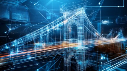 Futuristic Cityscape with Bridge and Lines.