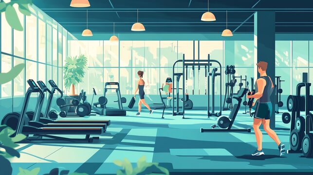 Cartoon illustration of a gym with people exercising.
