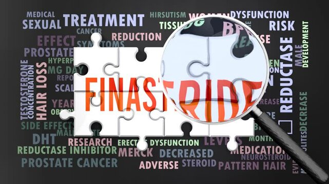 Finasteride under magnifying glass, being researched, studied and examined. Most important subjects and ideas closely related to finasteride written around a puzzle.Can be looped.