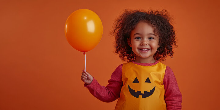 Toddler girl with Halloween balloon and chubby cheeks on festive orange background Halloween
