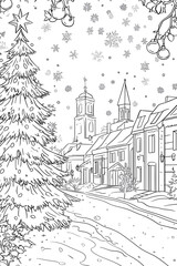 Naklejka premium Snow falls on a town street with a Christmas tree for coloring books