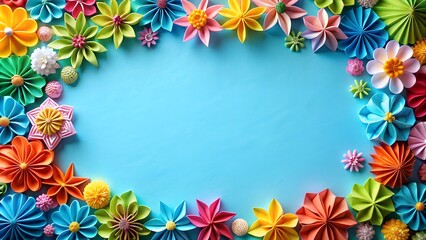 Obraz premium Bottom border beautified with colorful origami paper blossoms on blue background . AI Generative