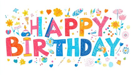 Colorful "Happy Birthday" text surrounded by festive doodles including balloons, flowers, cake, and confetti, creating a cheerful celebration greeting card design.
