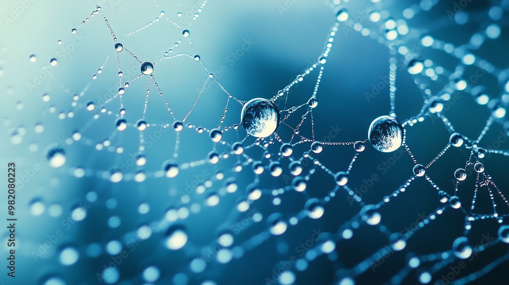 Poster close-up shot of dew drops on a spiderweb, showing a delicate and intricate pattern.