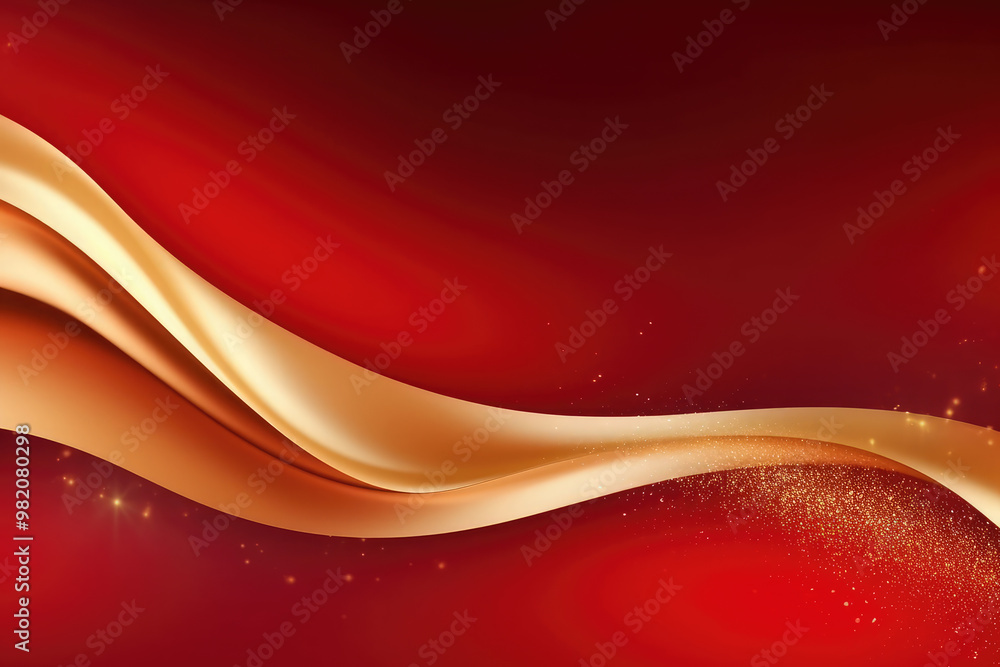 Aufkleber golden wave flowing on red background with glitter particles, abstract design element for chinese ne