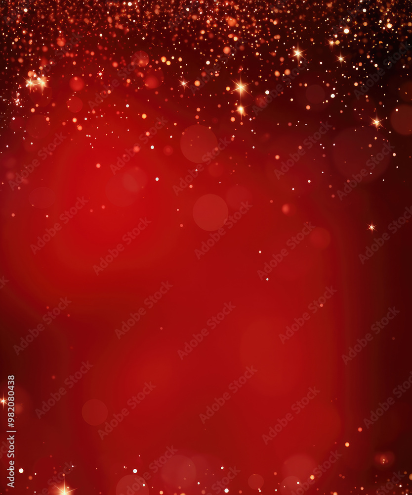 Poster golden particles create a beautiful bokeh effect on a vibrant red background. perfect for festive pr