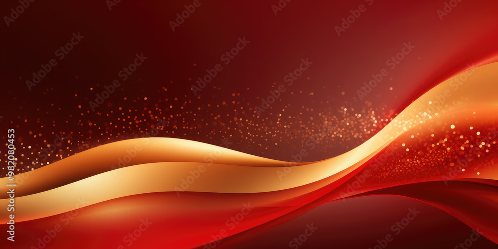 Aufkleber golden wave flowing on red background with glitter particles, abstract design element for chinese ne