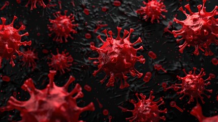 Virology Science Illustration, Red Coronavirus and Influenza Cells on Black Background, Visual Representation for Medicine, Covid Outbreak and Flu Research