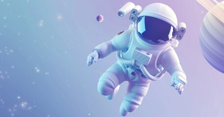 astronaut floating in space with a blue gradient background featuring white and purple tones. Planet Saturn can be seen on the right side