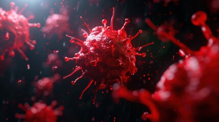 Virology Science Illustration, featuring red coronavirus and influenza cells on a black backdrop, highlighting the medical context of the COVID outbreak and flu research.