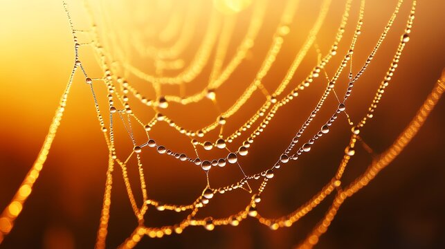 Close-up of a spider web with dew drops in the early morning light. - Powered by Adobe