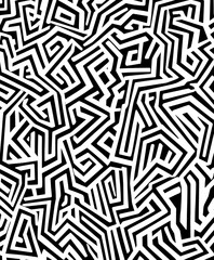 A complex black and white abstract pattern made of interwoven lines and shapes.
