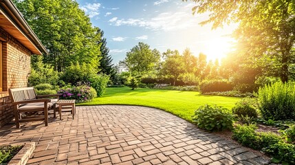 Fototapeta premium Serene garden with sunlight and lush greenery.