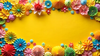 Bottom border beautified with colorful origami paper blossoms on yellow background. AI Generative