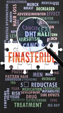 Finasteride under magnifying glass, being researched, studied and examined. Most important subjects and ideas closely related to finasteride written around a puzzle.