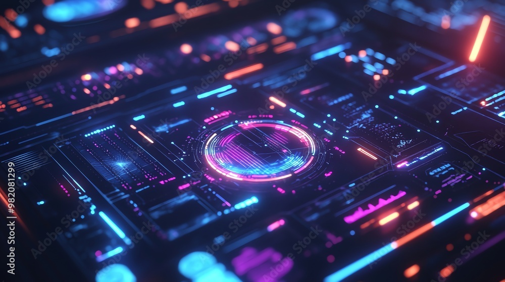 Poster abstract digital background with glowing neon lines and circles.