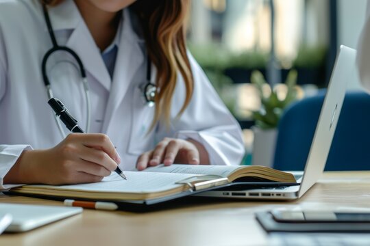 A female doctor is focused on making notes in her medical journal while utilizing her laptop at her desk