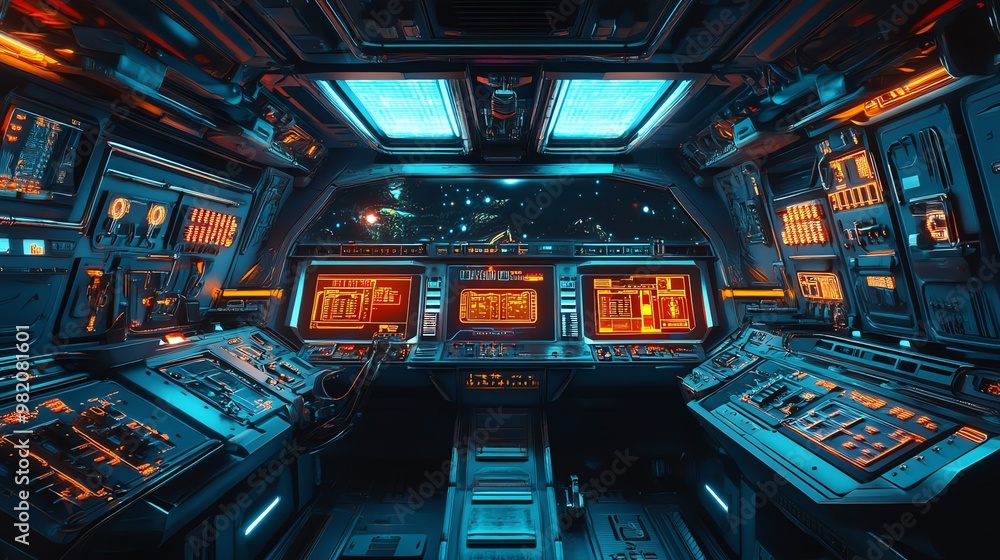 Poster futuristic spaceship cockpit with glowing controls and a view of space.