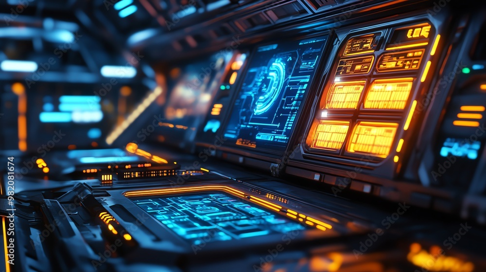 Poster a close-up shot of the control panel of a futuristic spaceship.