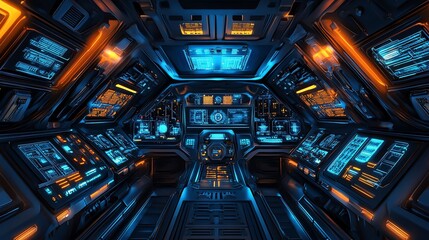 Futuristic spaceship cockpit with glowing screens and controls.
