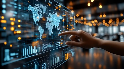 A finger taps a floating holographic screen displaying global maps, real-time business data, and advanced analytics, soft neon lighting casting reflections in a sleek,
