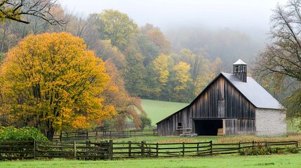 Serene autumn landscape with a rustic barn.