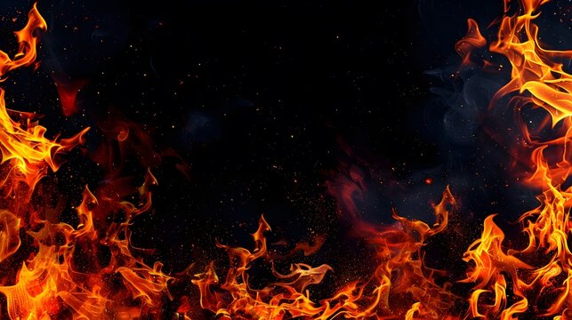 Burning fire flames border black background, hot bbq blaze frame