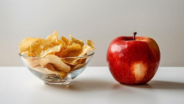Potato chips vs apple, healthy fruit junk food comparison contrast