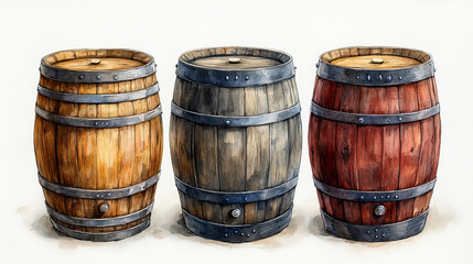 Obraz premium An illustration of three colorful wooden barrels with metal bands in various shades, arranged side by side