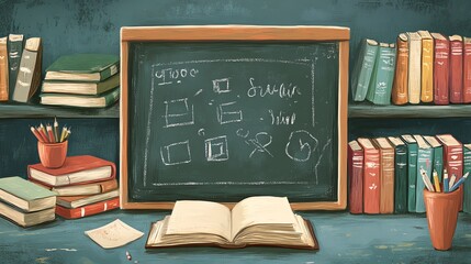 A chalkboard with drawings and a book on a desk.