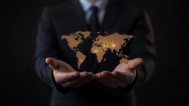 A businessman showcases a glowing world map in his hands, symbolizing global reach and international connections.