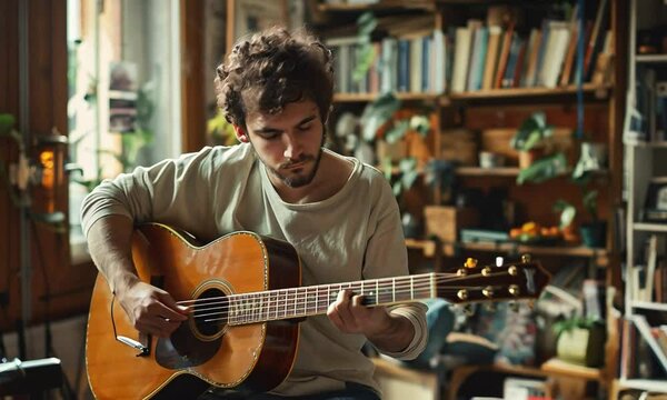 Acoustic Guitarist in Cozy Home Studio: A young man with a soulful gaze, immersed in the music he creates on his acoustic guitar. The warm lighting and natural elements of his home studio evoke a sens