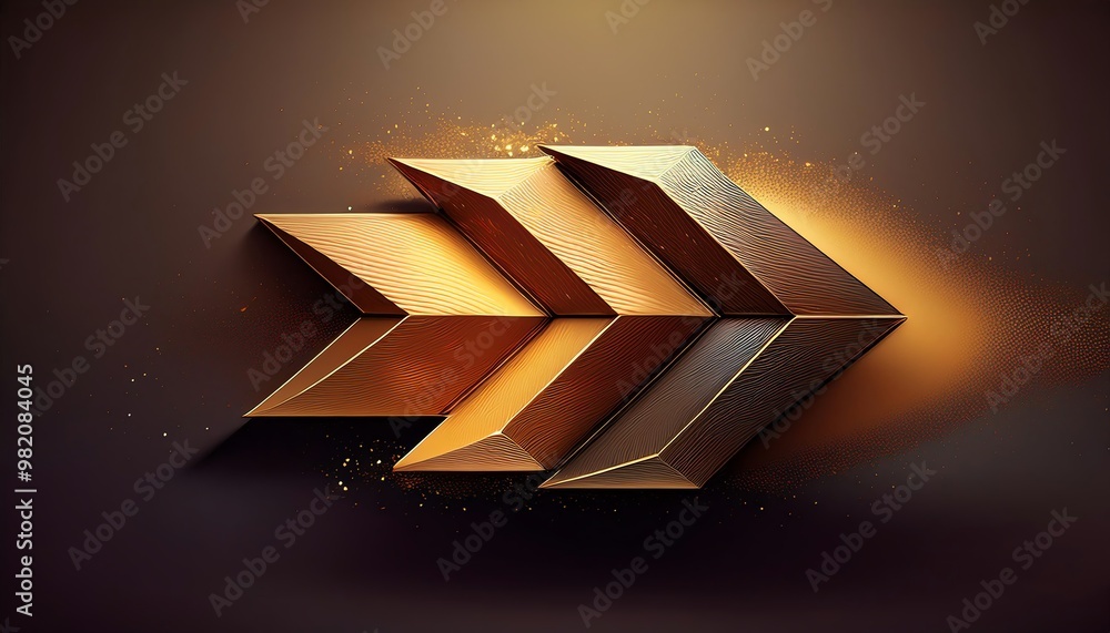 Poster a stylized design featuring three arrows in gold and black, set against a dark background, creating 