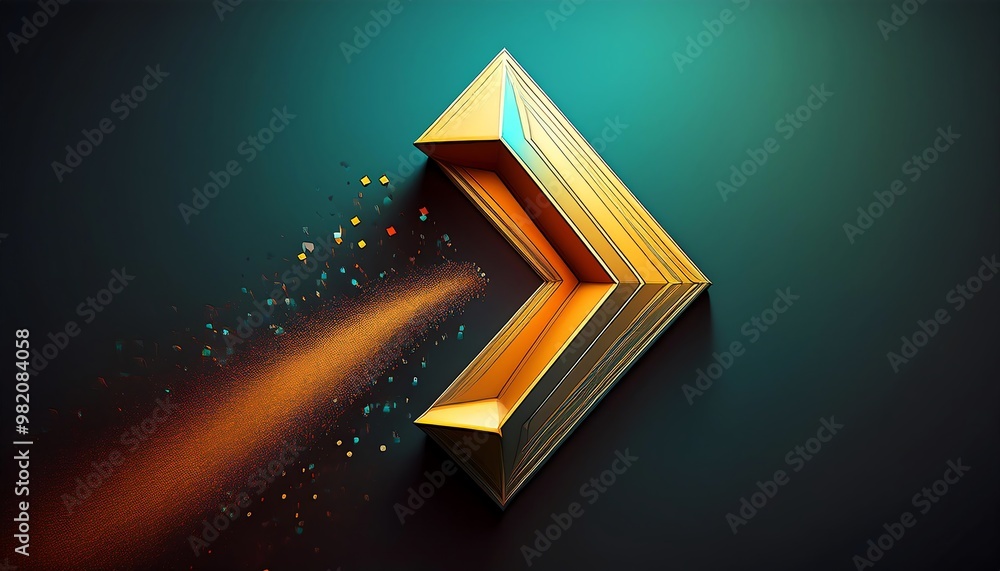 Poster a digital rendering of a 3d golden arrow dispersing particles on a gradient background, symbolizing 