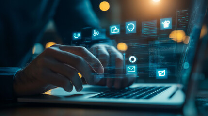 Search Engine Optimization (SEO) technology concept featuring a businessman interacting with an internet data search engine.Highlighting the process of browsing information networks, with a hand using