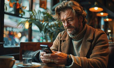 Connected in the City: Mature gentleman with stylish glasses intently using smartphone in bustling cafe, enjoying a moment of digital connection amidst the urban flow. 