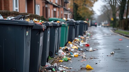 Overflowing garbage bins on a suburban street, with scattered litter, highlighting waste management challenges and the need for better disposal systems.