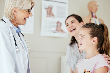 Clinic, doctor and talking to child, laughing and mature woman with smile, introduction and checkup. Office, mom and daughter in appointment, funny and conversation for health of kid and pediatrician