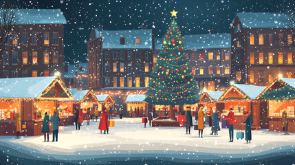 A cheerful cartoon Christmas market with cozy stalls, twinkling lights, and festive decorations. The night fair sparkles with joy and holiday cheer