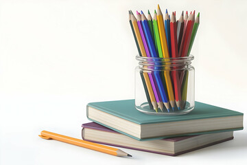 Books stacked with a jar of colorful pencils on top, isolated on white background