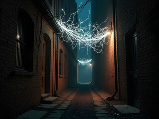 Moody Atmospheric Alleyway with Warm Street Lights, Textured Brick Walls, Ethereal Light Streaks, Intimate Scene in Cool Blues and Warm Yellows Perfect for Urban Landscapes, and Nighttime Ambiance