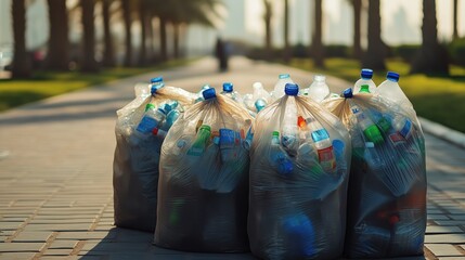 Plastic Bottles Collected in Trash Bags for Recycling. Plastic bottles packed into trash bags on a paved pathway, representing efforts toward recycling and waste management in public spaces.