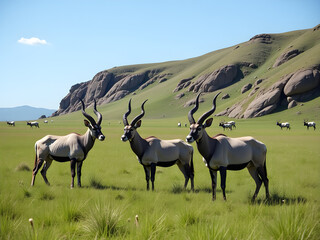 Fototapeta premium Majestic Antelopes in Stunning Natural Landscape: Graceful Group of Three with Long Curved Horns Against Lush Green Grasslands, Dotted with More Antelopes - Captivating Wildlife