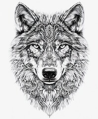Fototapeta premium A detailed black-and-white illustration of a wolf's head with intricate patterns.