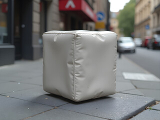 Modern Minimalistic Beige Cube-Shaped Seating Pouf on City Sidewalk Reflecting Ambient Light with Soft Focus Urban Architecture Background Including Buildings and Parked Cars in Contemporary Outdoor