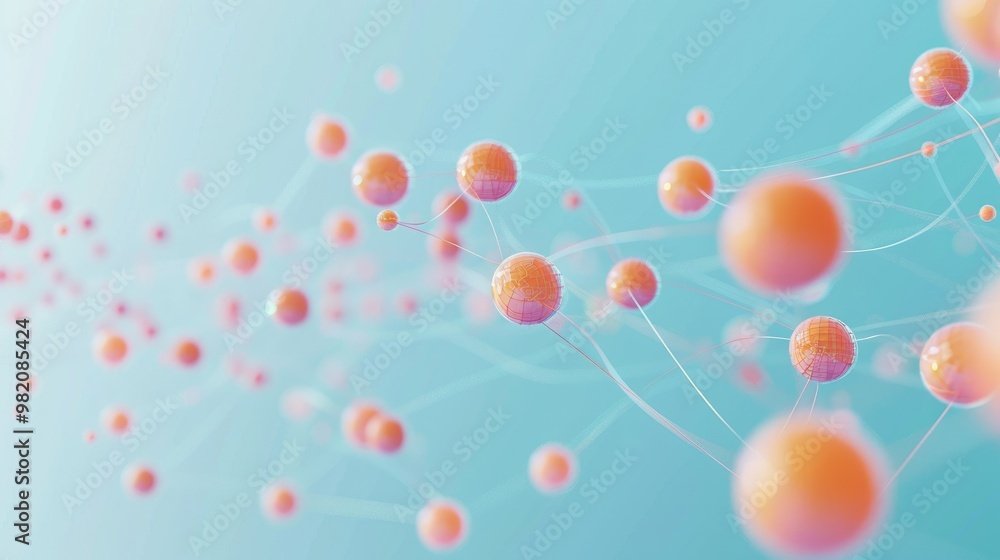 Poster network connections on a light blue background with pink and orange spheres, interconnected nodes in