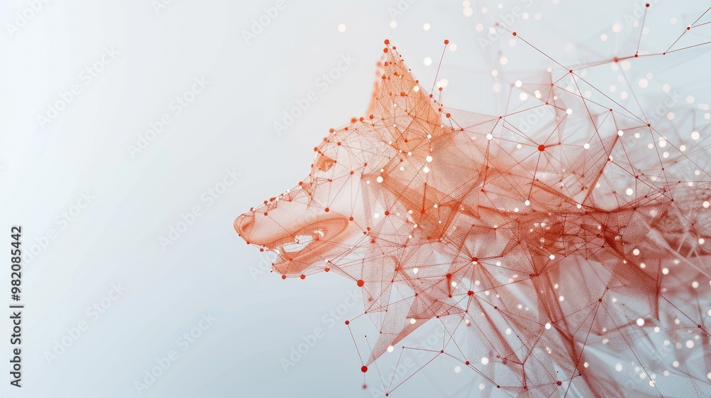 Poster network connections on a light blue background with pink and orange spheres, interconnected nodes in